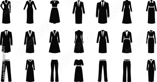 Elegant women’s formalwear silhouettes collection featuring dresses, suits, and trousers, minimalist black fashion vector set for professional wardrobe design