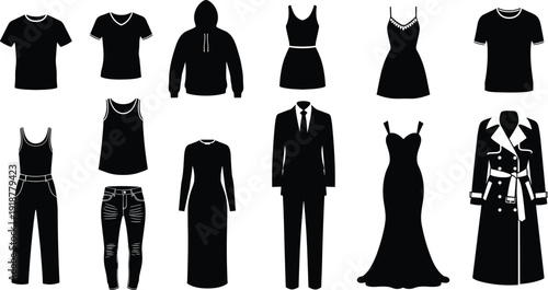 Women’s fashion silhouettes collection featuring casual wear, evening dresses, and business outfits, elegant minimalist apparel vector set for designers