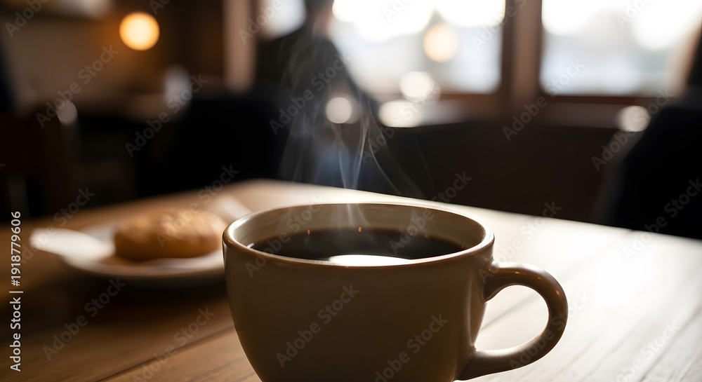 Fototapeta premium A warm cup of hot black coffee with steam rising on a table with a blurred cookie in the background