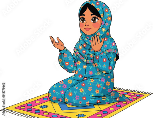 Young Muslim girl kneels on a colorful prayer rug, raising hands in.