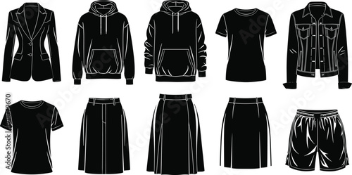 Casual women’s apparel silhouettes featuring hoodies, jackets, skirts, shorts, and t shirts, minimalist black fashion vector collection set