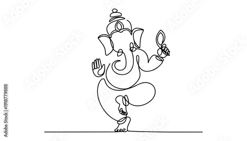 One continuous line illustration of an Lord Ganesha isolated on white background.