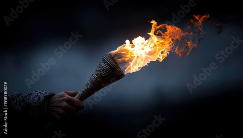 A hand holds a flaming torch aloft against a dark, moody backdrop