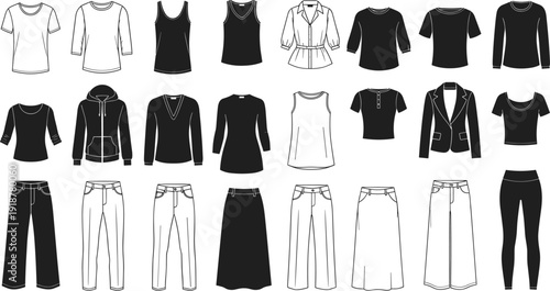 Minimalist clothing icons set featuring shirts, jackets, pants, and skirts, black and white fashion vector collection for digital catalog design