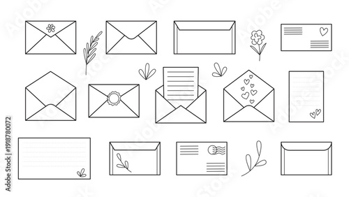 Letters, envelopes, postcards, and messages set in line style. Postal messages, individual mailings, clip art. Vector elements