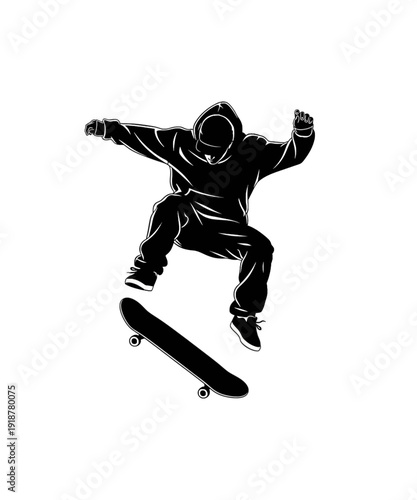 Skateboarder mid-air trick black silhouette dynamic motion sports action extreme urban lifestyle