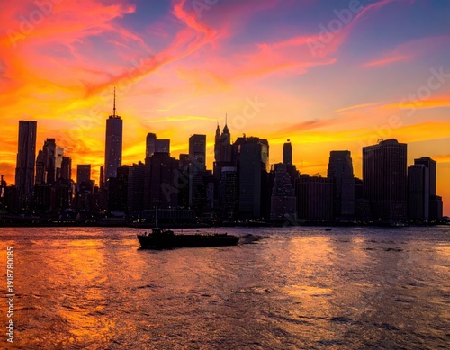 Vibrant Sunset Over a City Skyline with Colorful Sky Reflections