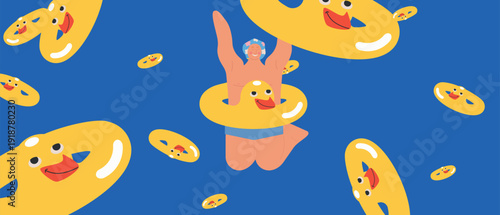 Playful summer illustration featuring a swimmer with a yellow inflatable ring surrounded by repeating float shapes. Bright, joyful composition expressing fun, отдых and seasonal energy. Great for yout