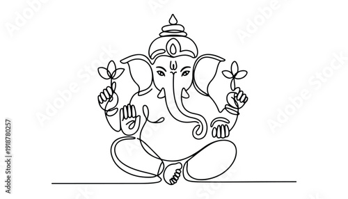One continuous line illustration of an Lord Ganesha isolated on white background.