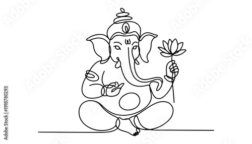One continuous line illustration of an Lord Ganesha isolated on white background.