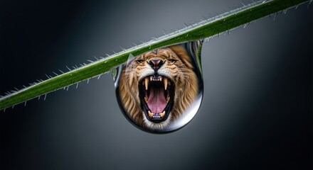 A reflection of a tiger's face is visible in a water droplet on a blade of grass.