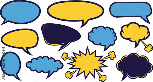 Flat text boxes and superhero explosion shapes with copy space