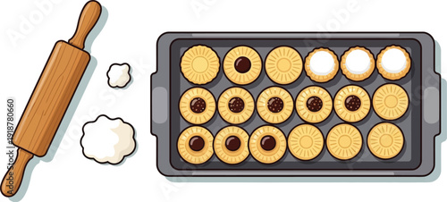 Rolling pin rests beside baking tray filled with unbaked jam sandwich.