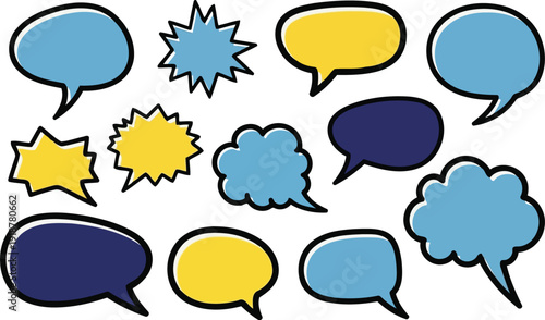 Colorful comic speech bubbles collection in hand drawn style