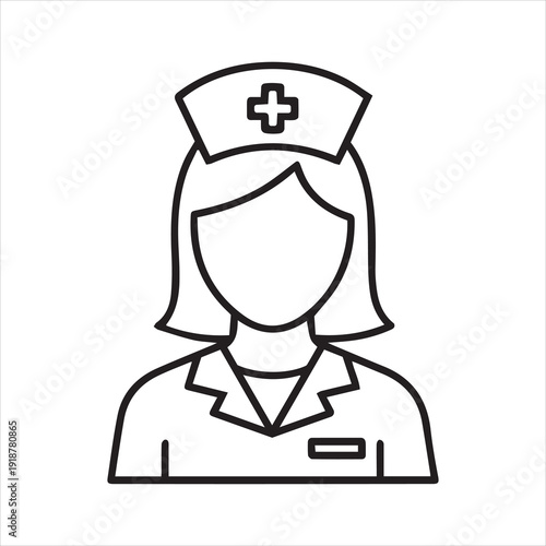 Line art illustration of a female nurse with traditional cap and uniform