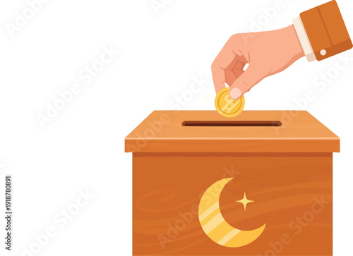 Hand drops a gold coin into a wooden donation box marked with a crescent.