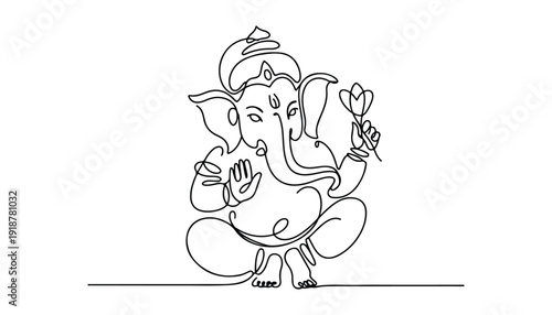 One continuous line illustration of an Lord Ganesha isolated on white background.