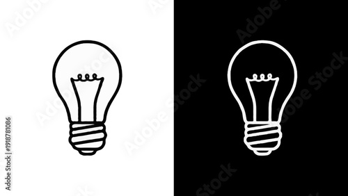 A bright glass light bulb icon on both black and white backgrounds symbolizes a creative idea and innovative electricity technology through a vector illustration of energy and power