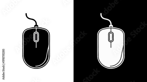 A black computer mouse vector icon serves as a professional business technology symbol for pc input devices, featuring a sleek design and scroll button for web connection and internet click equipment