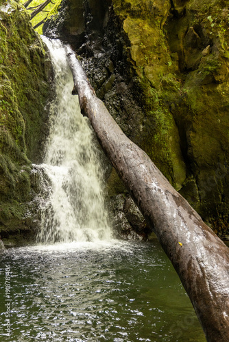 A waterfall is flowing down a rocky cliff