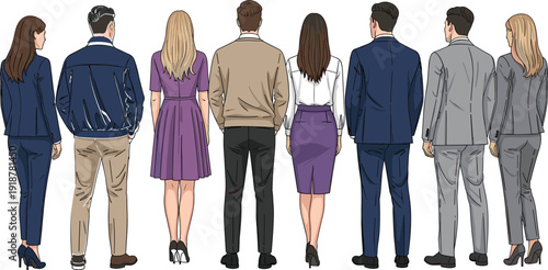 Back view of diverse professional business people standing in a row wearing formal corporate suits and smart casual office outfits