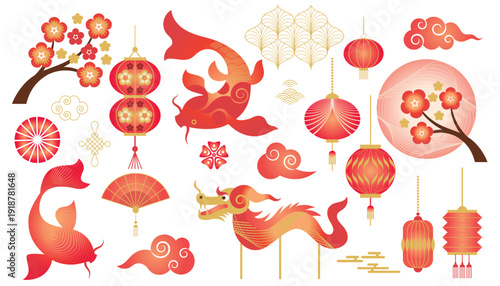 Red and Gold traditional Chinese illustrations and decorative elements collection. Koi Carp Fish, Dragon Dance, Lanterns, clouds, ornaments  Set