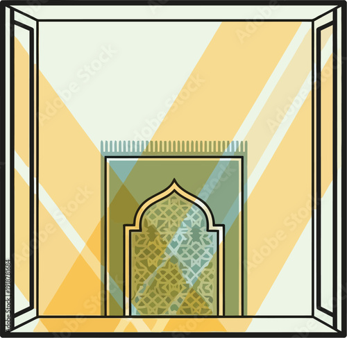 Prayer rug placed within a simple niche shows faith direction icon.