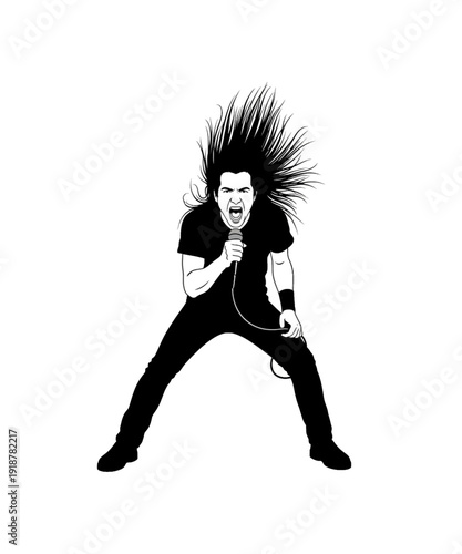 Angry rock musician singing on stage with spiked hair and microphone in black and white