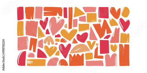 Colorful hearts and geometric shapes on white background abstract