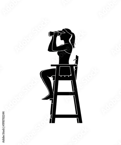 Woman photographer on wooden stool taking photo with vintage camera black and white