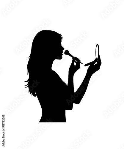 Woman applying lipstick in mirror silhouette beauty routine minimalist black and white