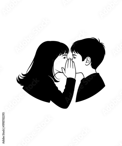 Couple whispering secret romantic moment black white silhouette intimate closeup