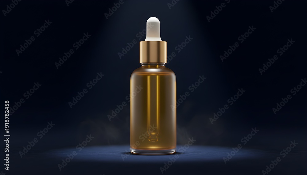 Naklejka premium Premium amber glass dropper bottle with gold cap under cinematic spotlight on dark background.