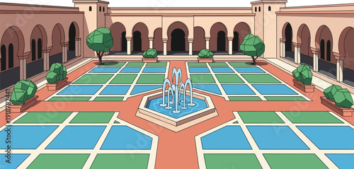 Ornate courtyard garden features a central fountain and symmetrical.