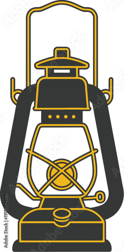 Classic kerosene lantern hangs with black body and yellow accents.