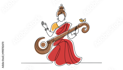 One continuous line illustration of an Saraswati Ma isolated on white background.