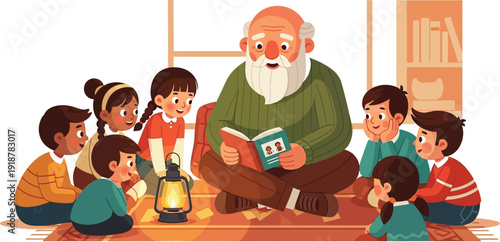 Grandfather reads a story to diverse children gathered around a lamp.