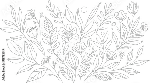 Beautiful black and white outline drawing showcasing a detailed assortment of delicate wildflowers and various lush botanical foliage elements on a clean background.