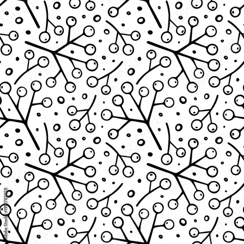 Hand drawn rowan branch with berries seamless pattern. Vector illustration in Doodle style. Isolated on white.