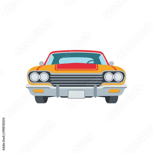 Flat illustration of a vintage orange car with a red roof and gray accents, facing forward on a clean white background.