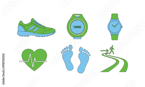 Fitness icons set, running shoe, pedometer, watch, heart, footprints, path