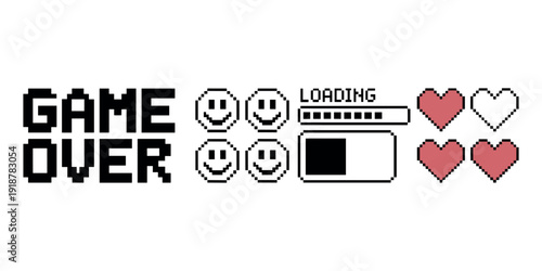 Game over screen with pixel smiley faces hearts and loading bar in white background