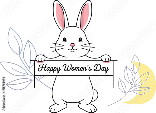 Adorable white bunny rabbit holding a pink banner wishing everyone a very happy international women's day celebration greeting