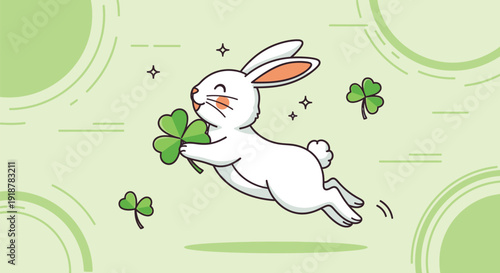 Adorable white cartoon rabbit joyfully leaps across a light green background while clutching a vibrant four-leaf clover for good luck