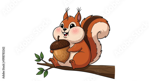 Adorable cartoon squirrel character sitting happily on a tree branch while clutching a large freshly gathered acorn in its paws