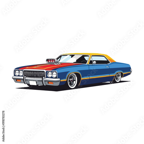 A vibrant illustration of a blue, red, and yellow muscle car with a distinctive hood scoop, set against a clean white background with a focus on automotive design.