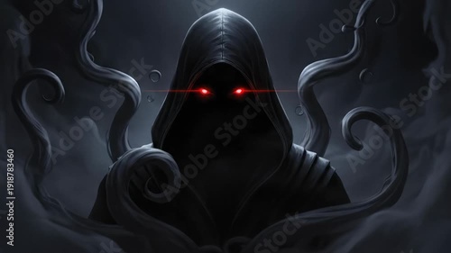 Mysterious hooded figure with glowing red eyes and tentacles in dark smoke