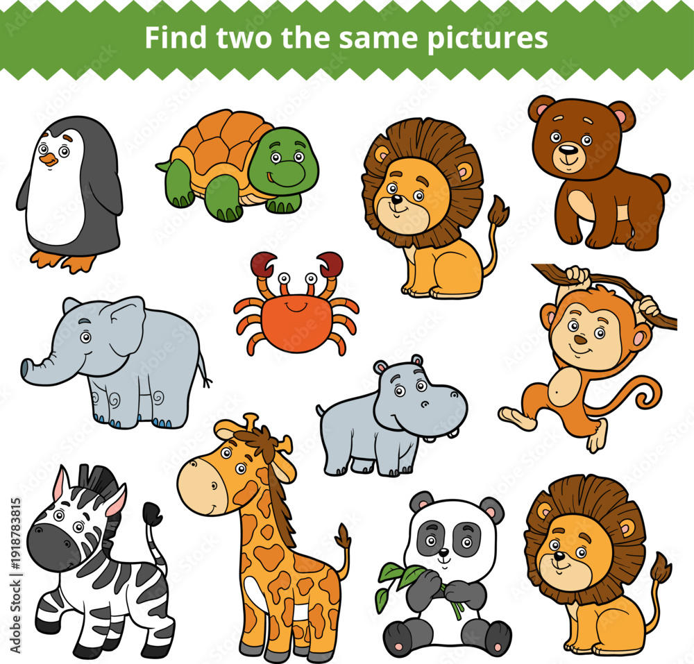 Naklejka premium Find two the same pictures educational game for children with cute zoo animals. Color matching activity worksheet for preschool kids. Fun printable puzzle for attention and visual skills