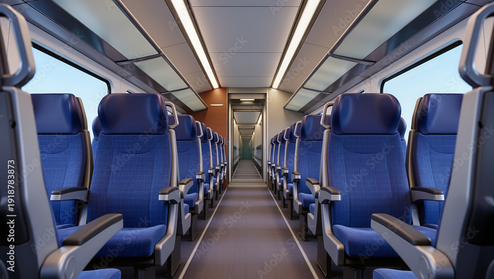 Naklejka premium Interior of a modern passenger train carriage with central aisle, rows of blue seats, overhead luggage racks, and large windows, showing public rail transport seating layout