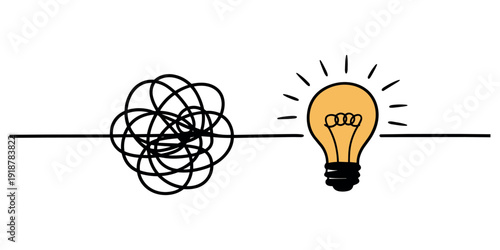 Tangled scribbles next to glowing lightbulb tangled lines glowing bulb idea in white background